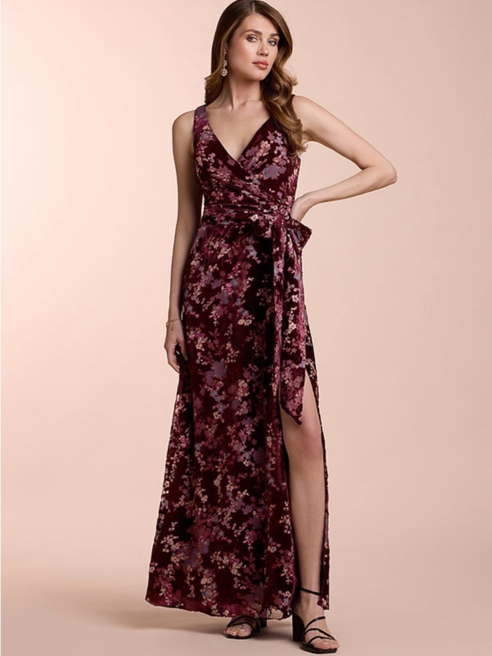 Azazie Velvet Floral Wrap Maxi Dress - Plum & Mauve
